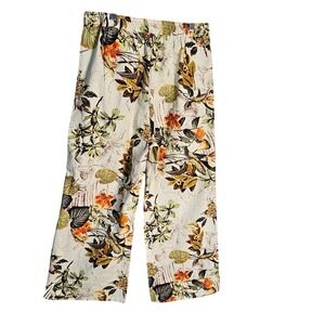 Floral Print Women's 100% Wide Leg Cotton Flowy Pants, Elastic Waist L Vacation